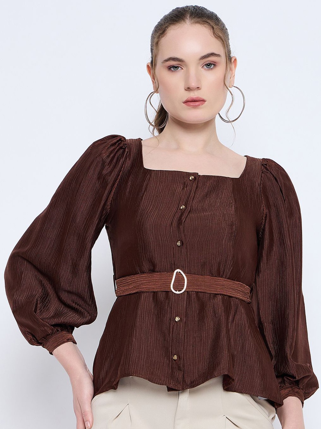 

Madame Women Square Neck Puff Sleeve Top, Brown