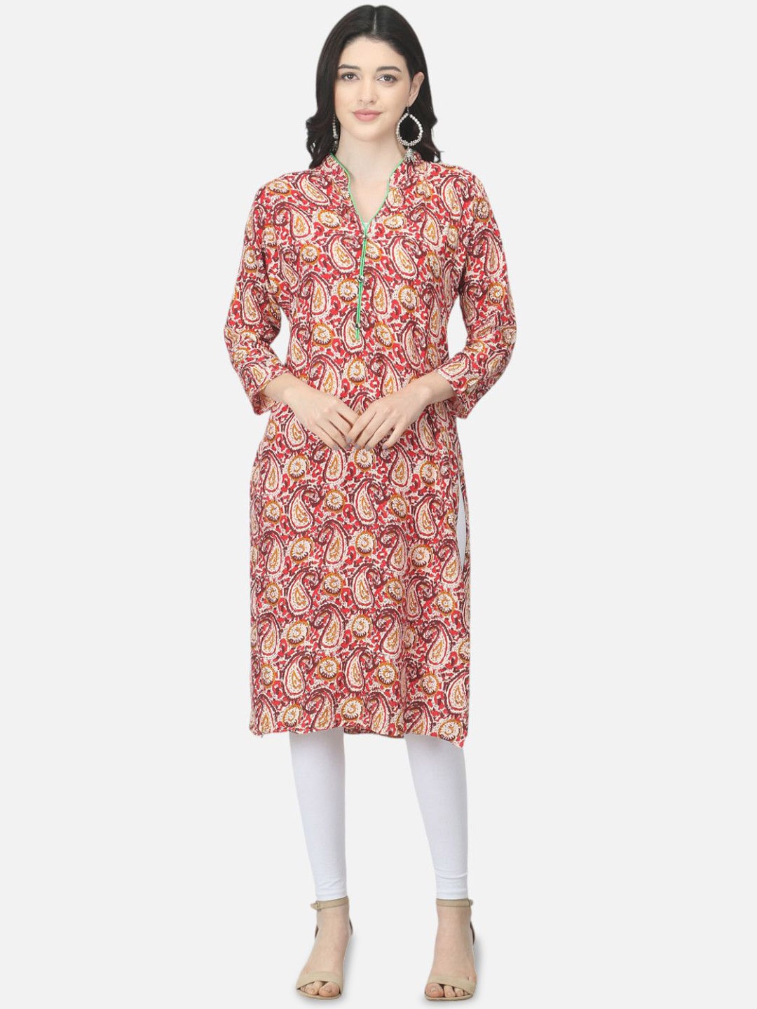 

Biyu Paisley Printed Mandarin Collar Regular Cotton Straight Kurta, Red