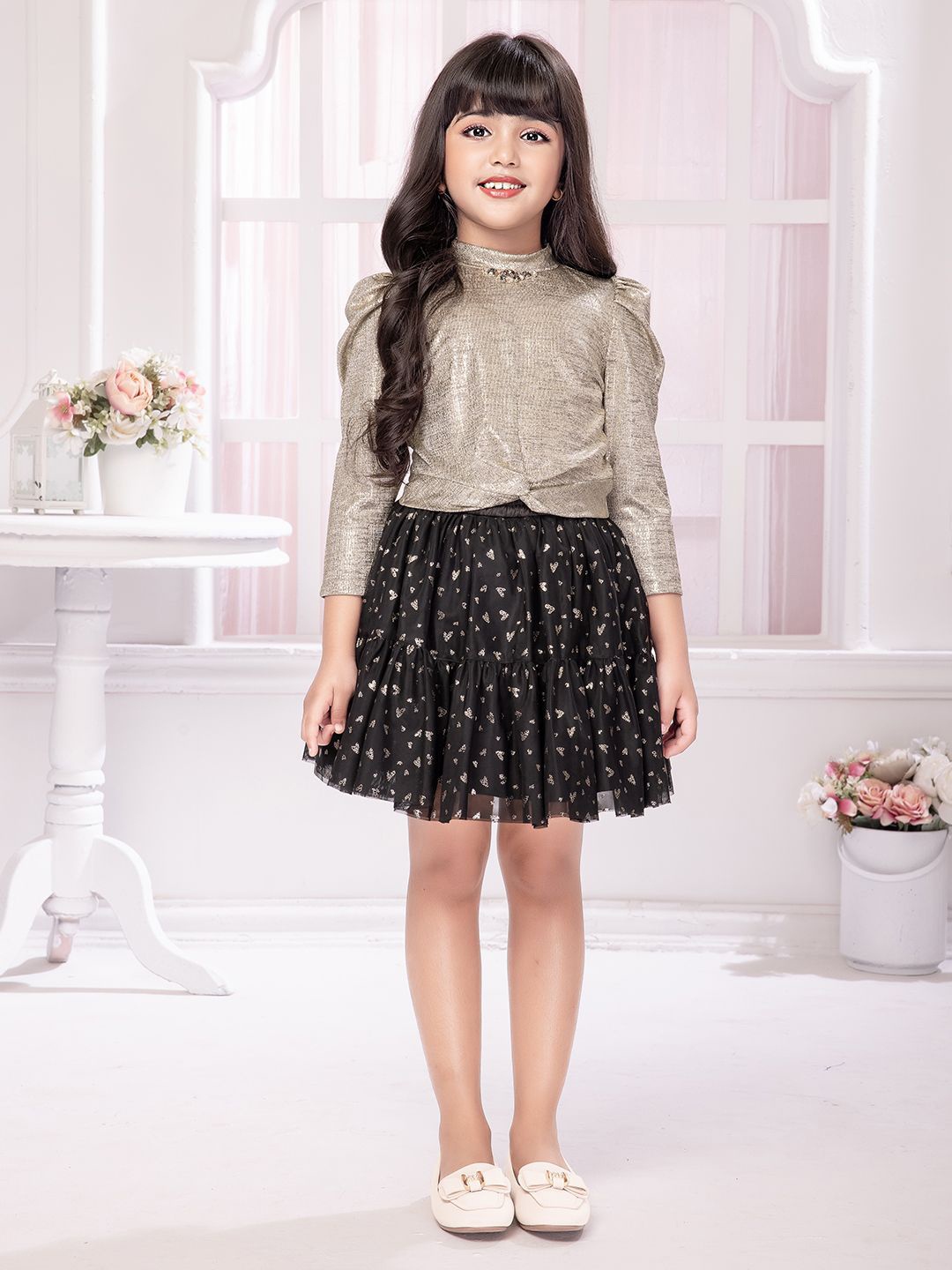 

Tiny Baby Girls Embellished High Neck Three-Quarter Sleeves Top With Skirt, Gold