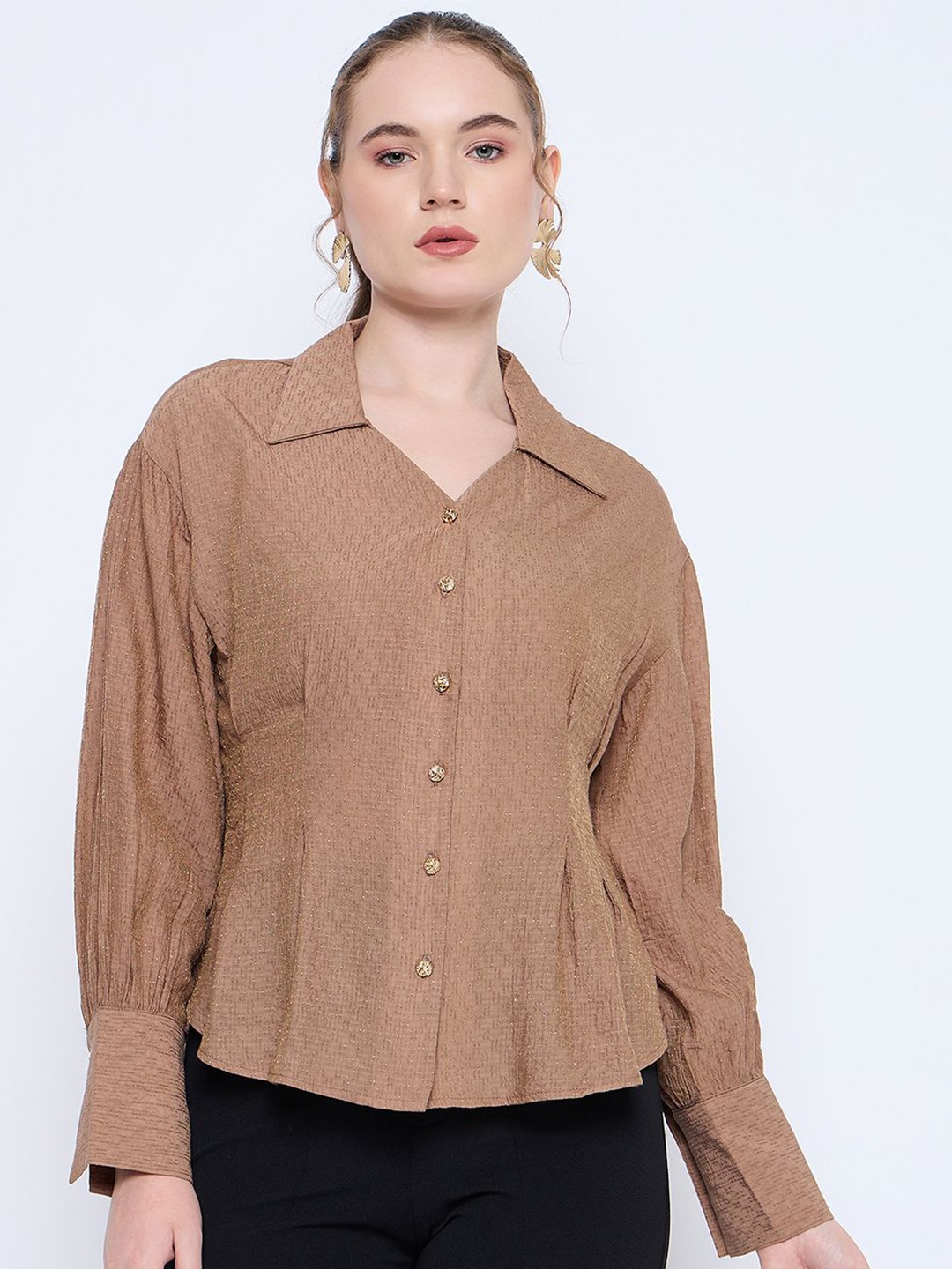 

Madame Women Spread Collar Textured Casual Shirt, Tan