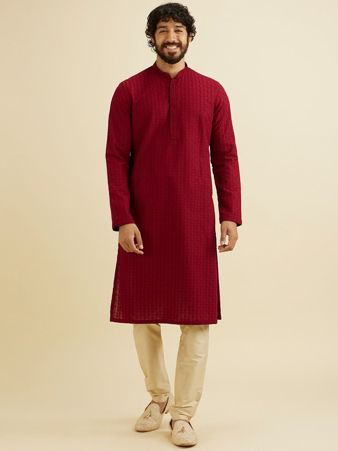 

Manyavar Ethnic Motifs Embroidered Straight Chikankari Kurta with Pyjamas, Maroon