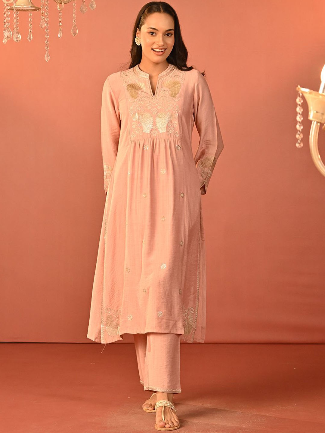 

Lakshita Mandarin Collar Embroidered Tunic With Trousers, Pink