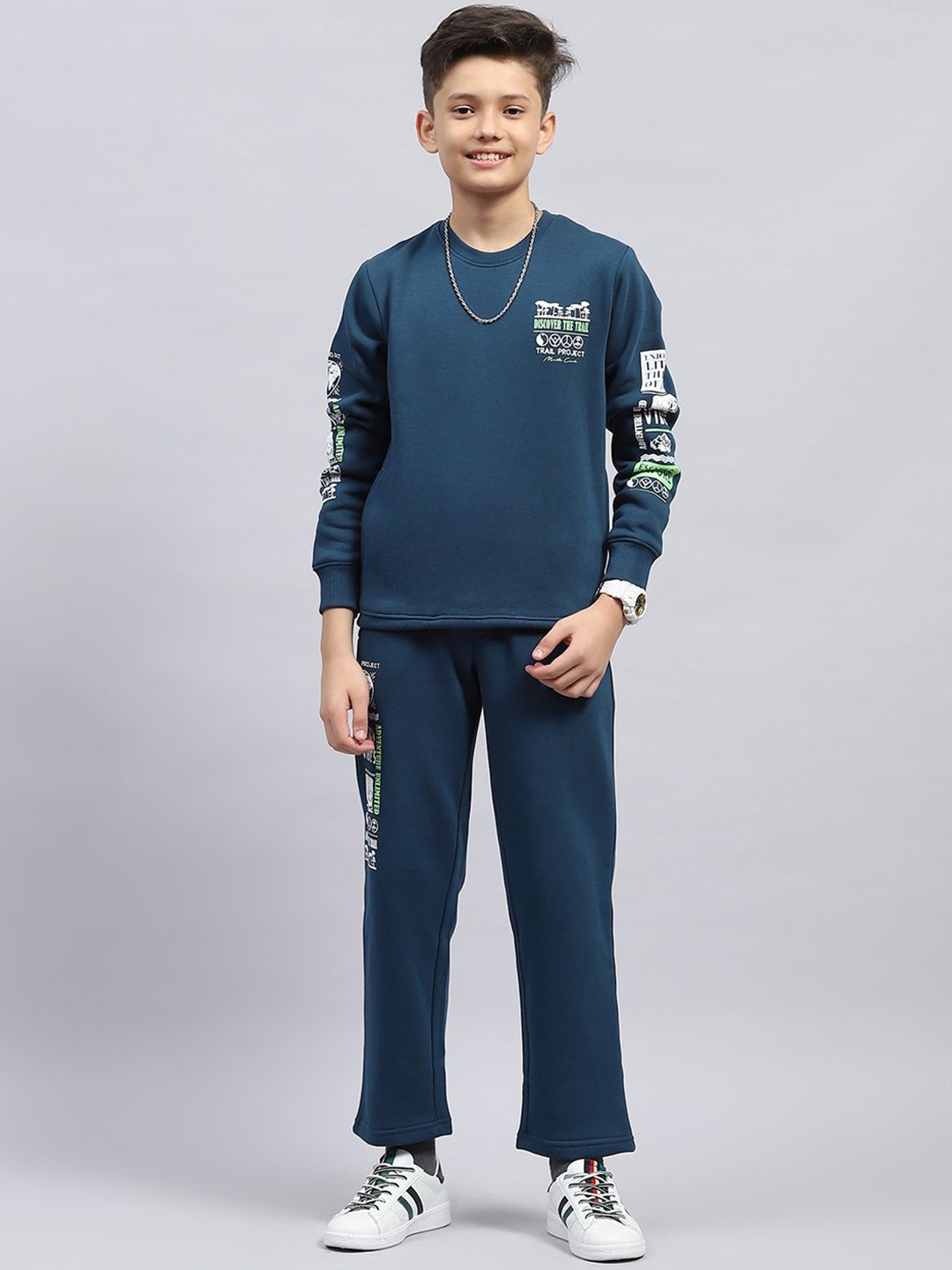 

Monte Carlo Boys Printed Round Neck Long Sleeves Sweatshirt With Trouser, Teal