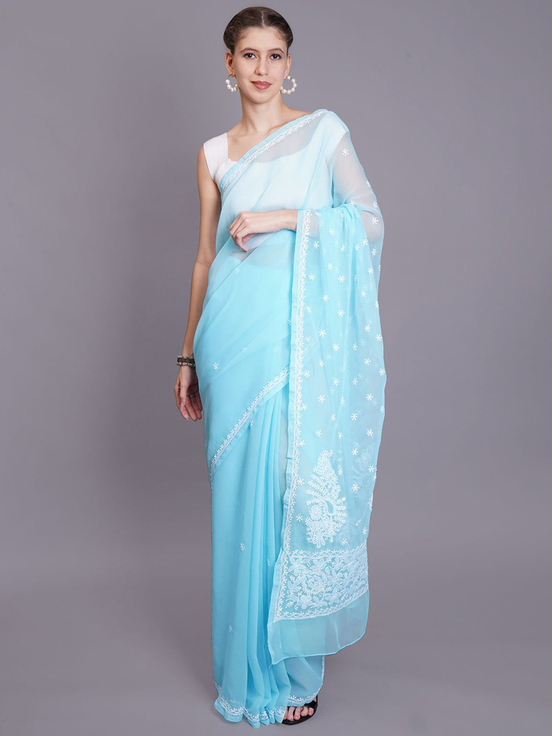 

Seva Chikan Ethnic Motifs Embroidered Saree, Blue