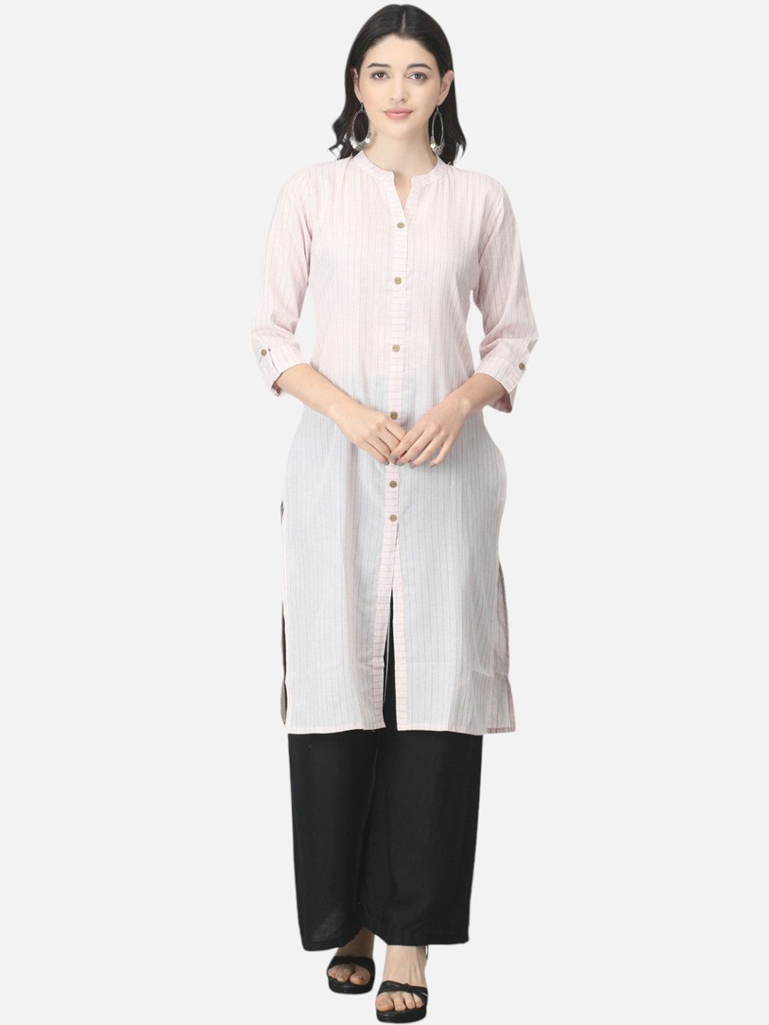 

Biyu Striped Printed Mandarin Collar Regular Cotton Straight Kurta, Off white
