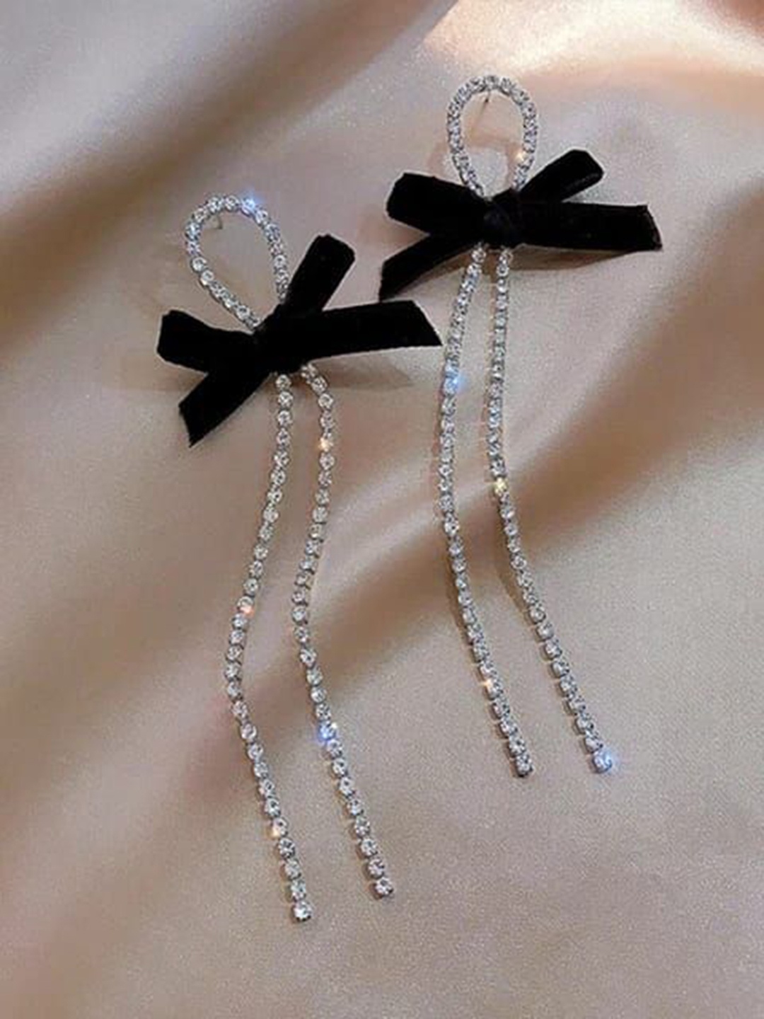 

YU FASHIONS Silver-Plated Crystals Stone Studded Velvet Fabric Bow Knot Drop Earrings