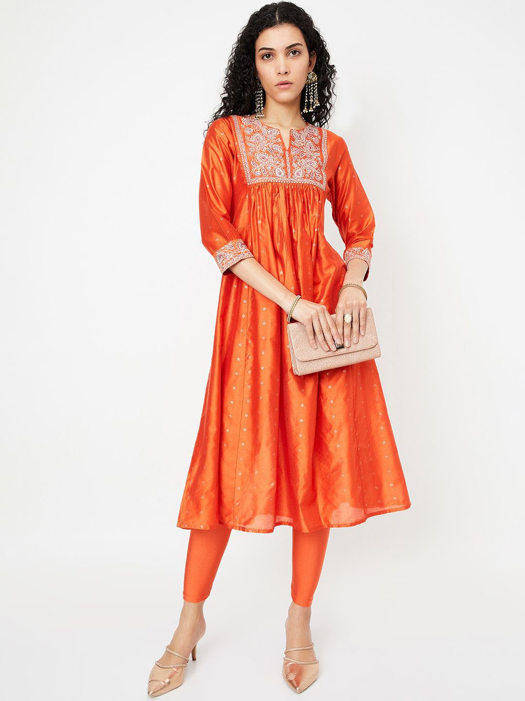 

max Floral Embroidered Sequinned Cotton Anarkali Kurta, Orange