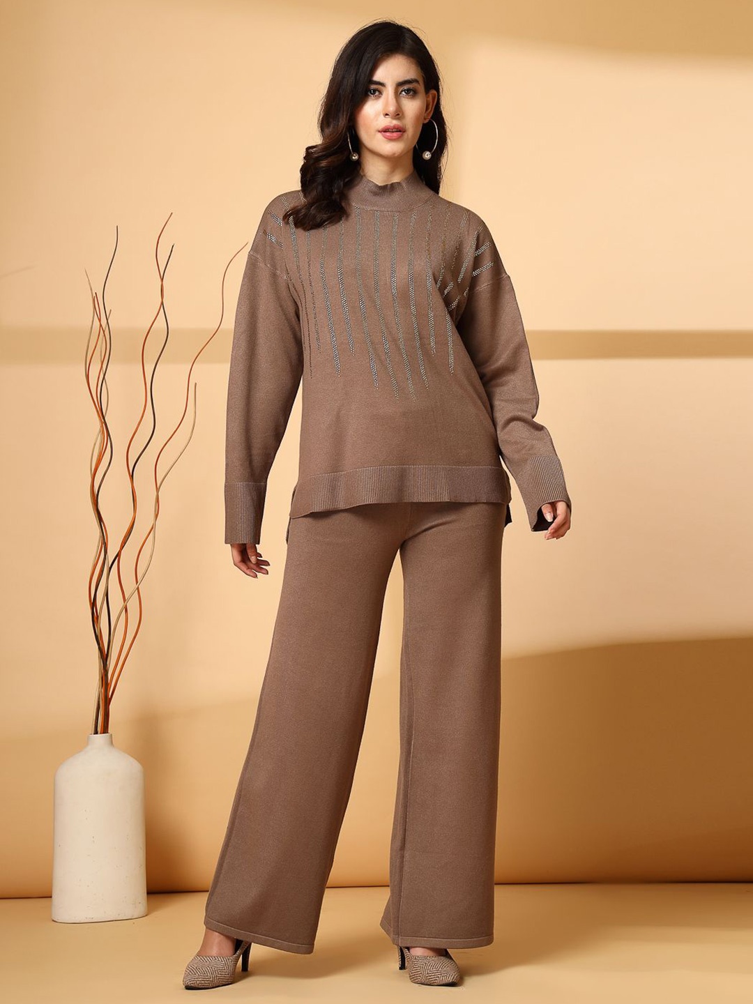 

Mafadeny Embellished High Neck Long Sleeves Top With Palazzo, Brown