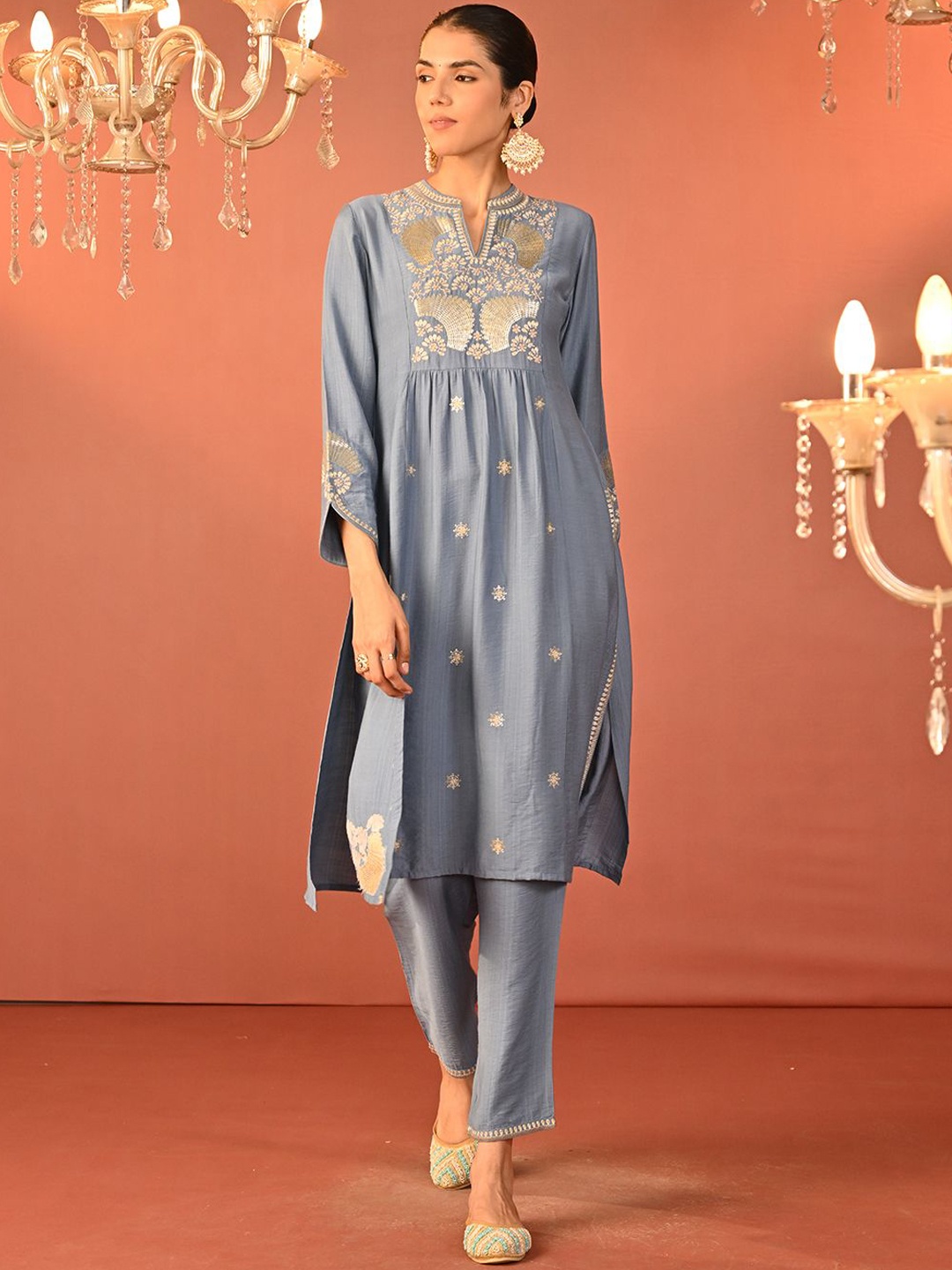 

Lakshita Mandarin Collar Embroidered Tunic With Trouser, Blue