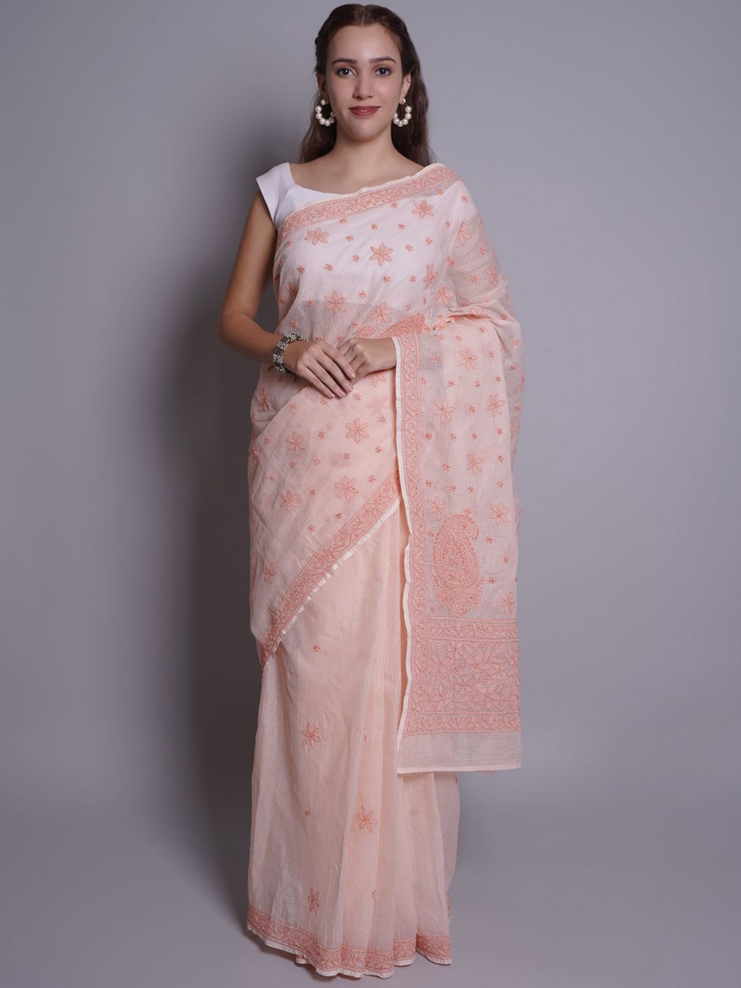 

Seva Chikan Ethnic Motifs Embroidered Kota Saree, Peach