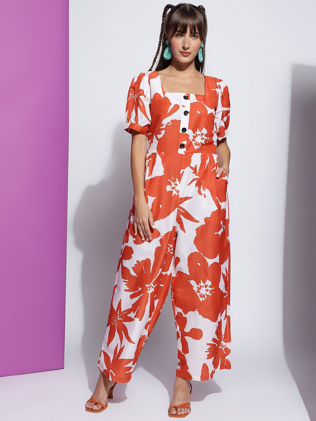 

J Turritopsis Women Printed Basic Jumpsuit, Orange