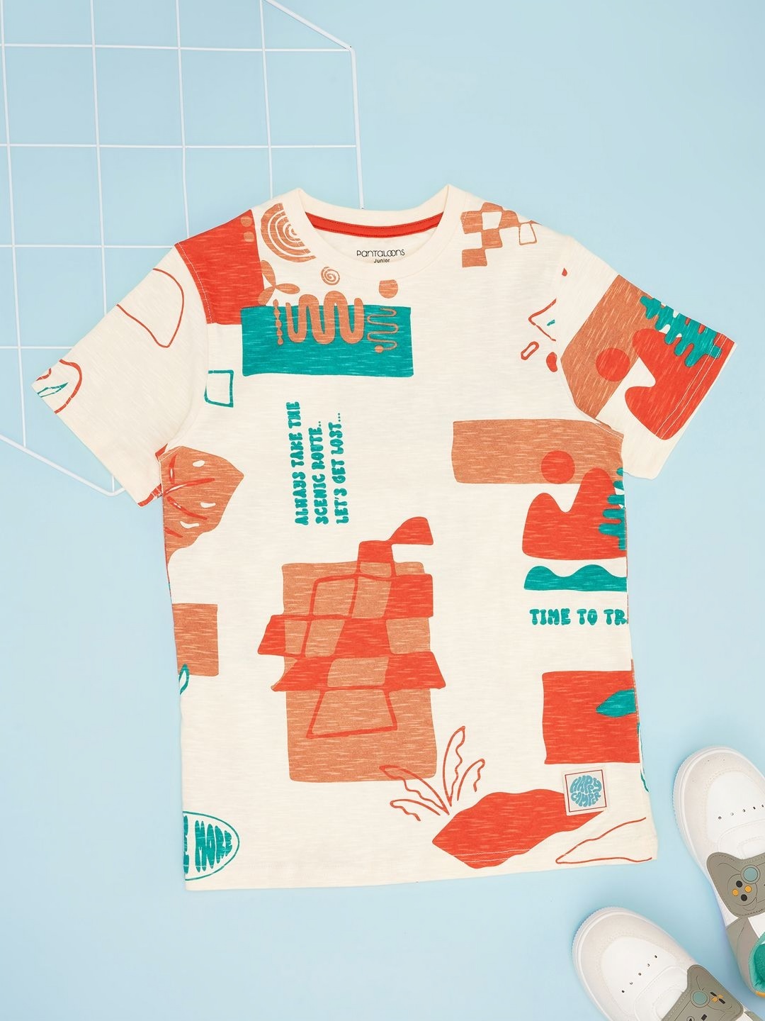 

Pantaloons Junior Boys Abstract Printed Round Neck Cotton T-shirt, White