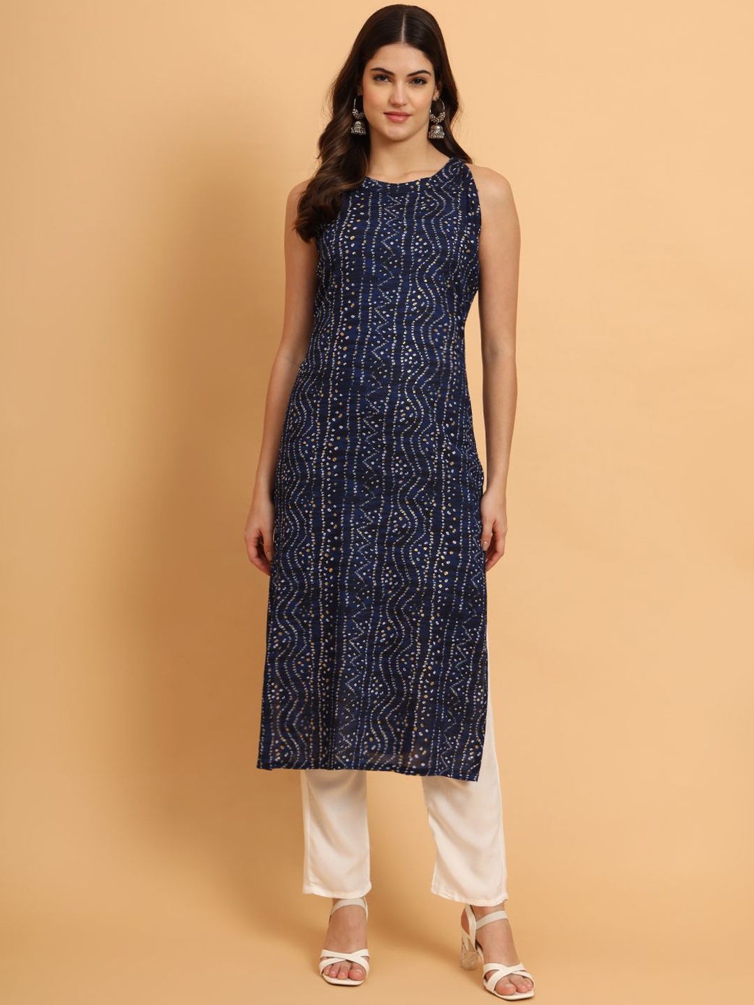 

AAYUMI Bandhani Printed Round Neck Thread Work A-Line Kurta, Blue