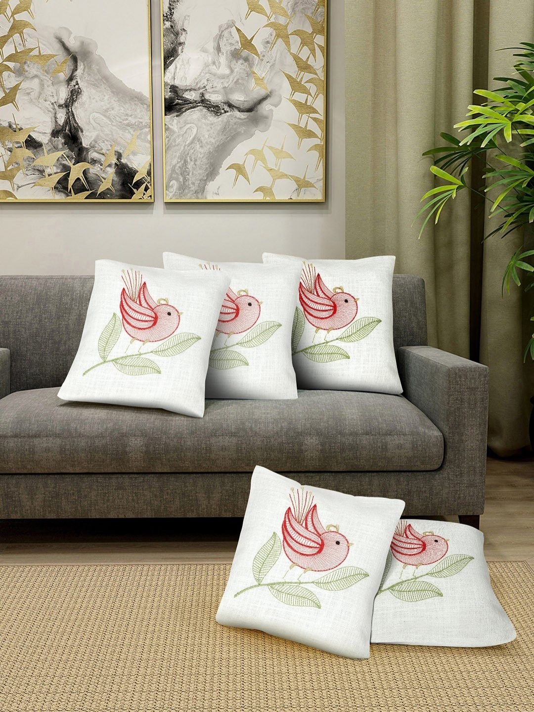 

KLOTTHE White & Red 5 Pieces Embroidered Pure Cotton Cushion Covers