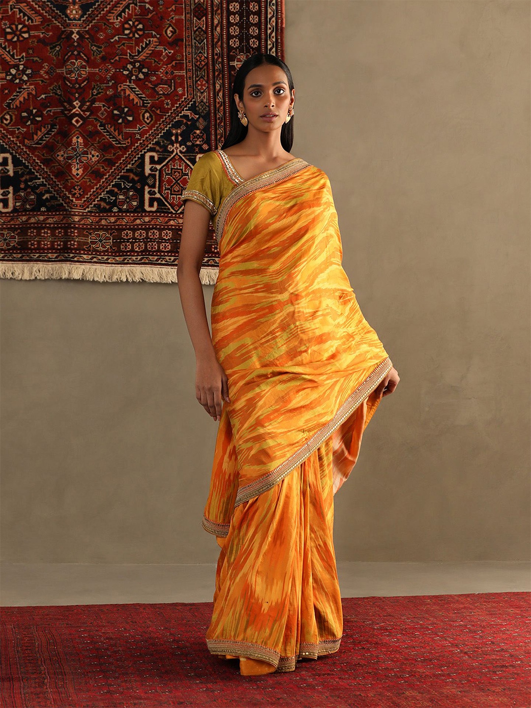 

Ri.Ritu Kumar Sequinned Abstract Printed Pure Silk Saree, Orange