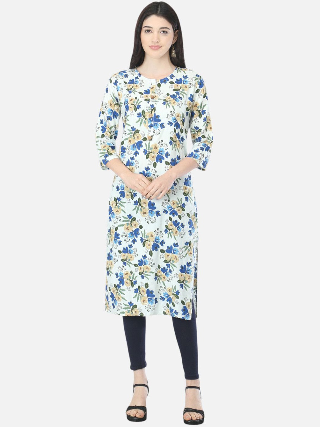 

Biyu Round Neck Floral Printed Straight Cotton Kurta, Blue