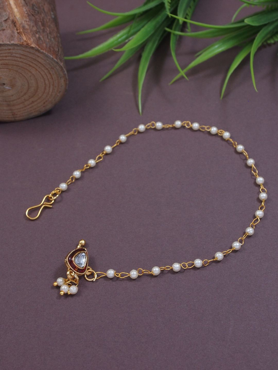 

I Jewels Gold-Plated Pearl Beaded Chained Nosepin