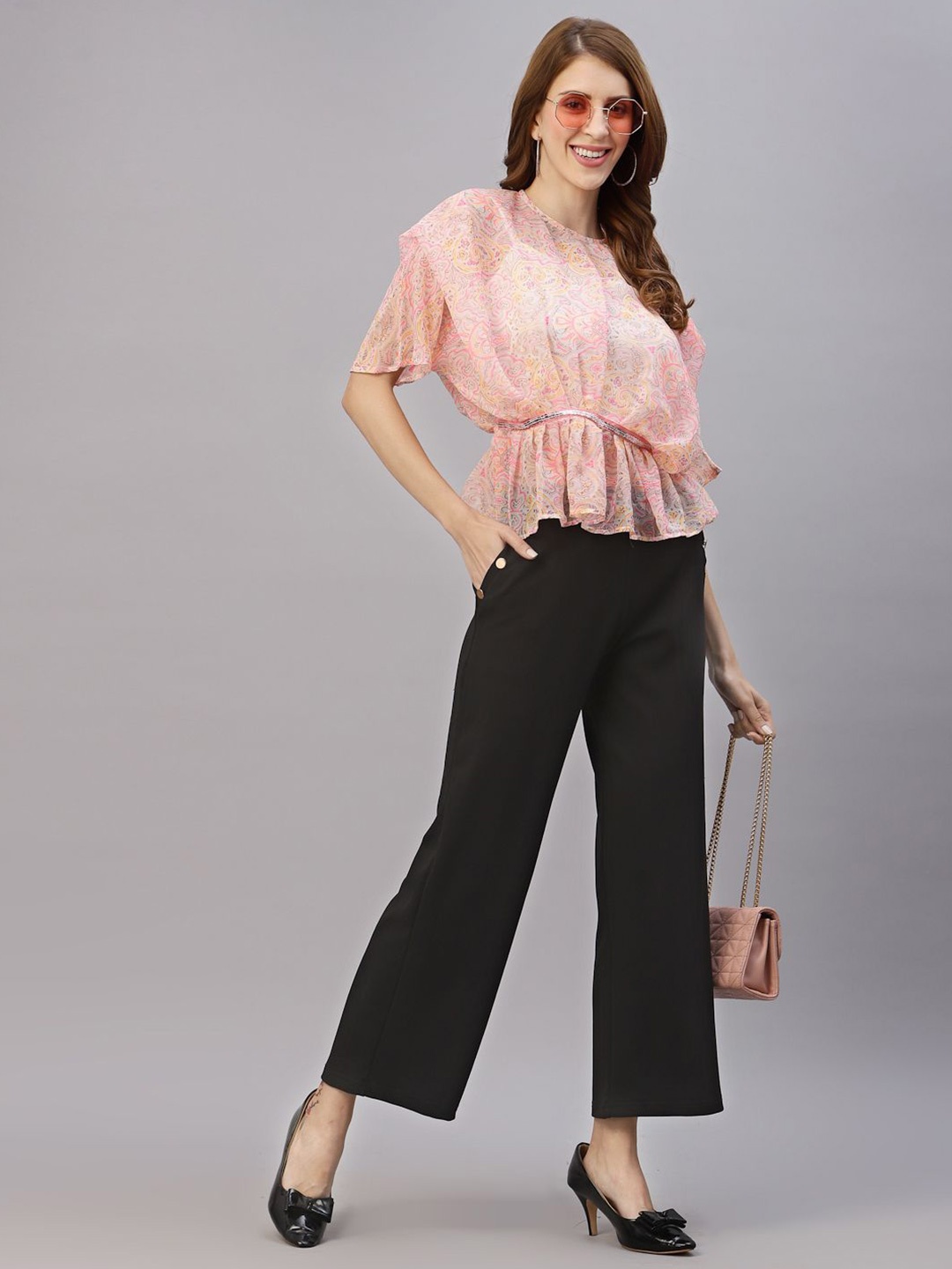 

RAASSIO Women Floral Printed Puff Sleeve Boxy Top, Pink