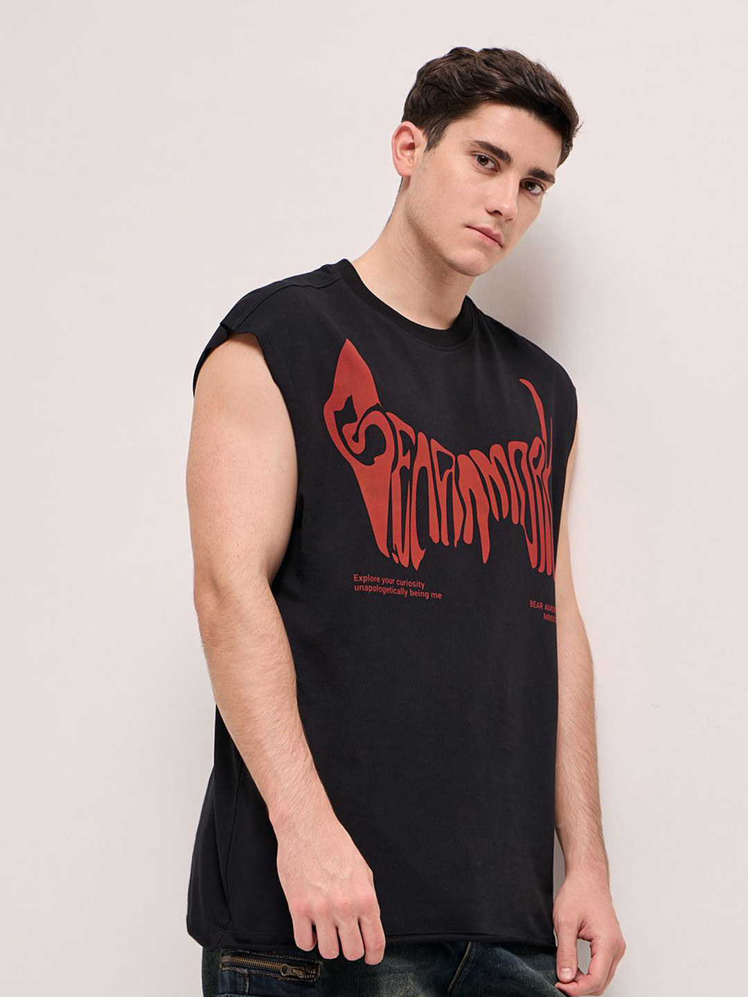 

THE BEAR HOUSE Men Typography Printed Round Neck Cotton Oversized T-shirt, Black