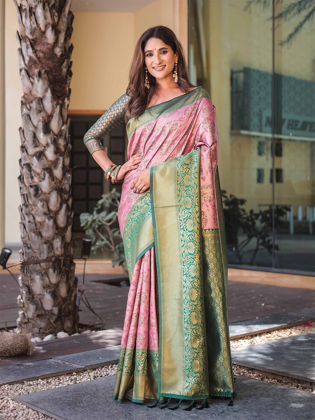 

Mitera Floral Woven Design Zari Dharmavaram Saree, Pink