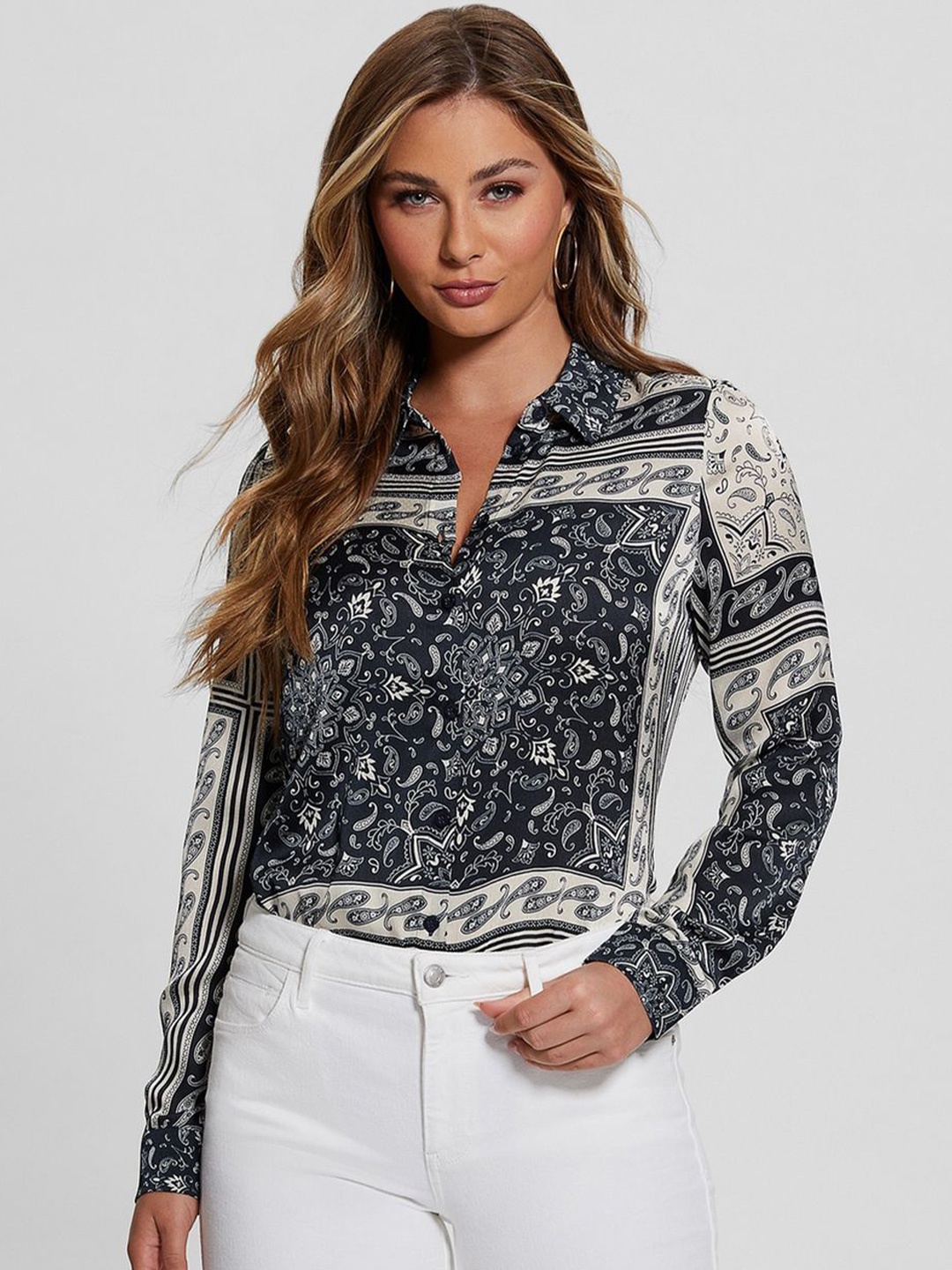 

GUESS Women Spread Collar Ethnic Motifs Printed Casual Shirt, Navy blue