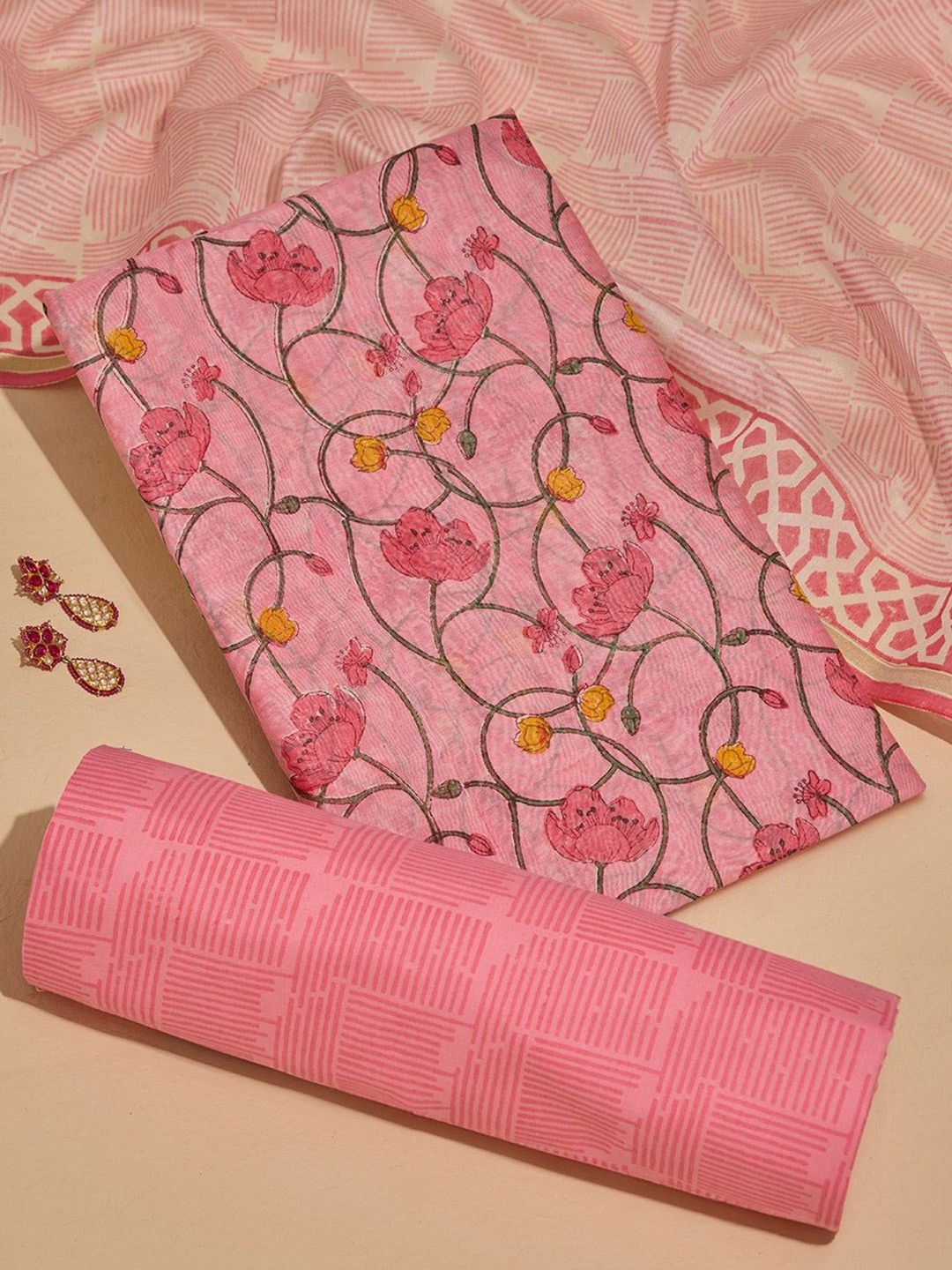 

Taneira Floral Printed Pure Silk Unstitched Dress Material, Pink