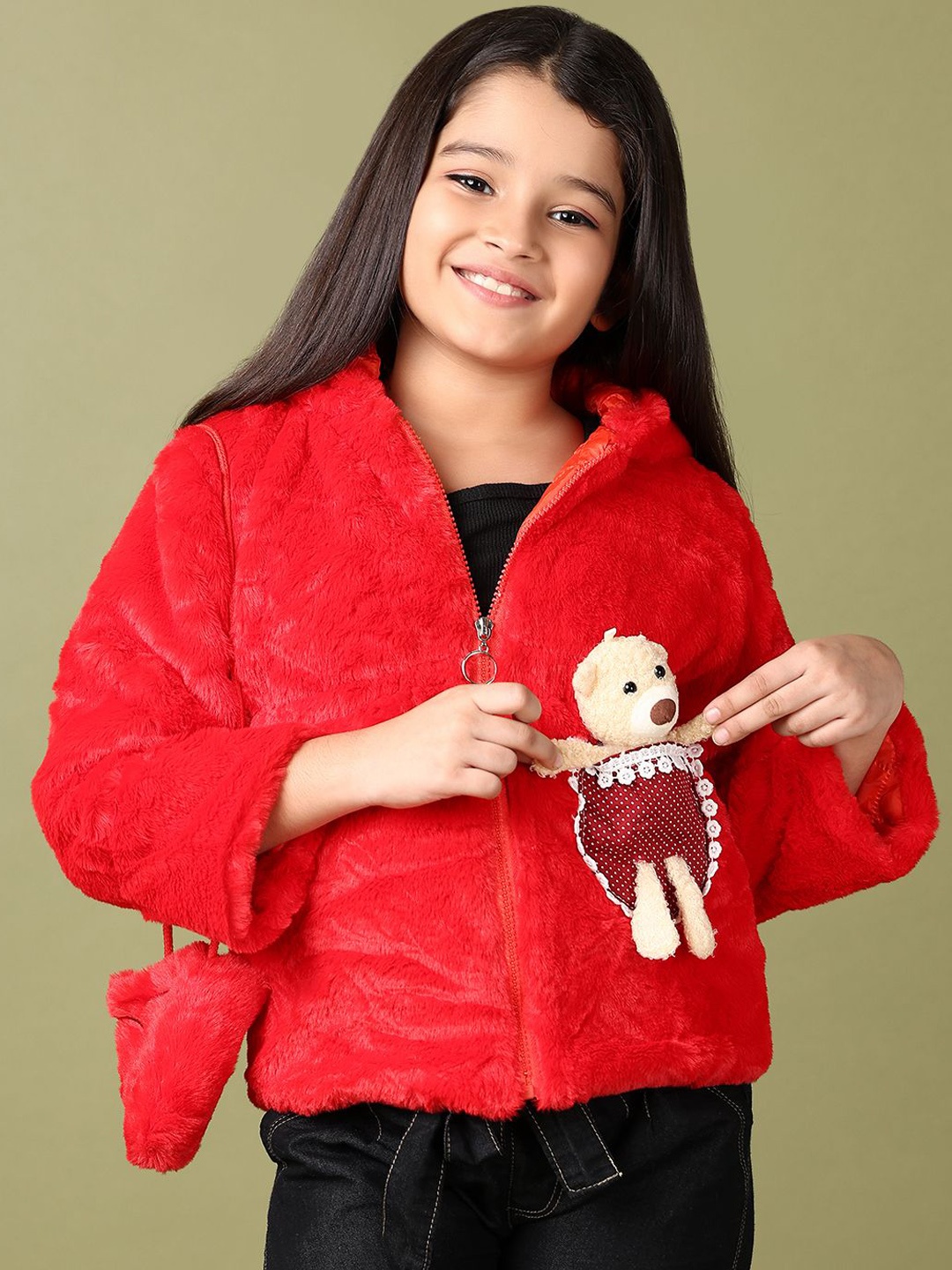 

V-Mart Girls Hooded Graphic Self Design Cotton Casual Parka Jacket, Red