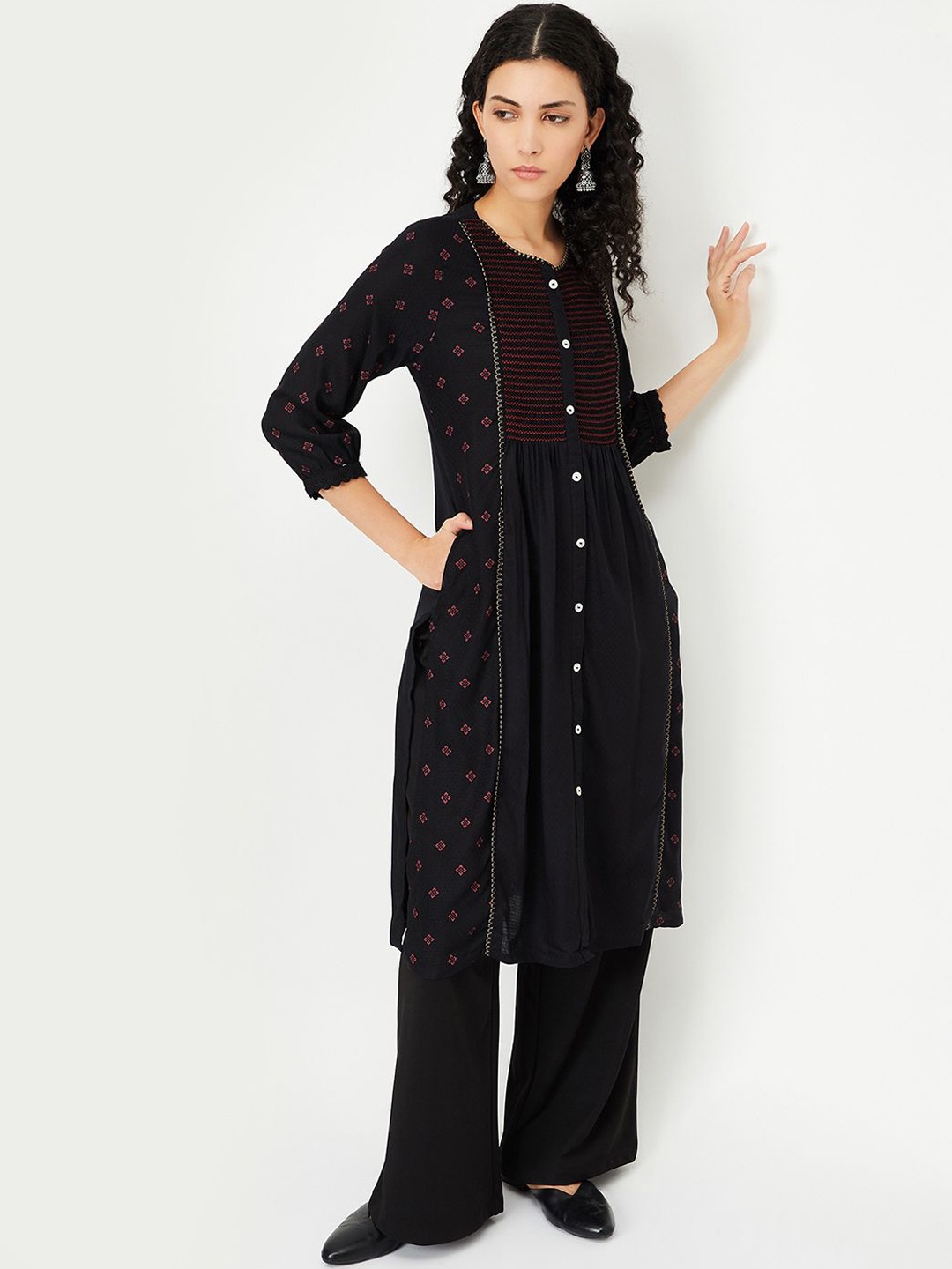 

max Ethnic Motifs Printed Round Neck Thread Work Straight Kurta, Black