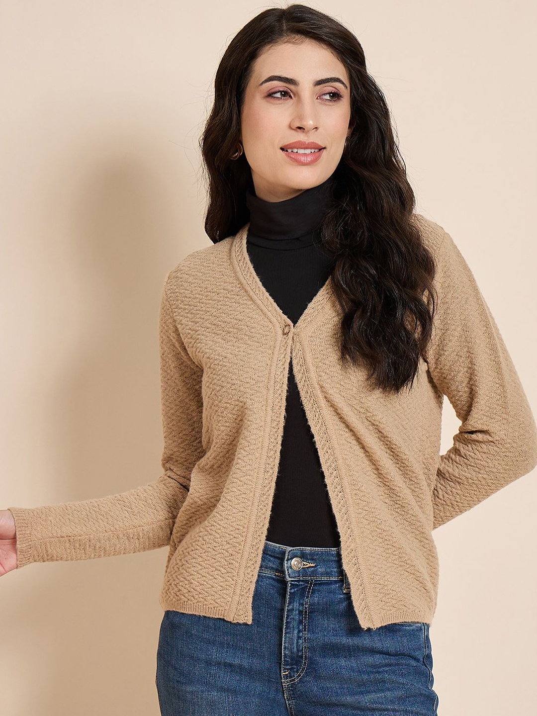 

CREATIVE LINE Women Woollen Long Sleeves Cardigan, Beige