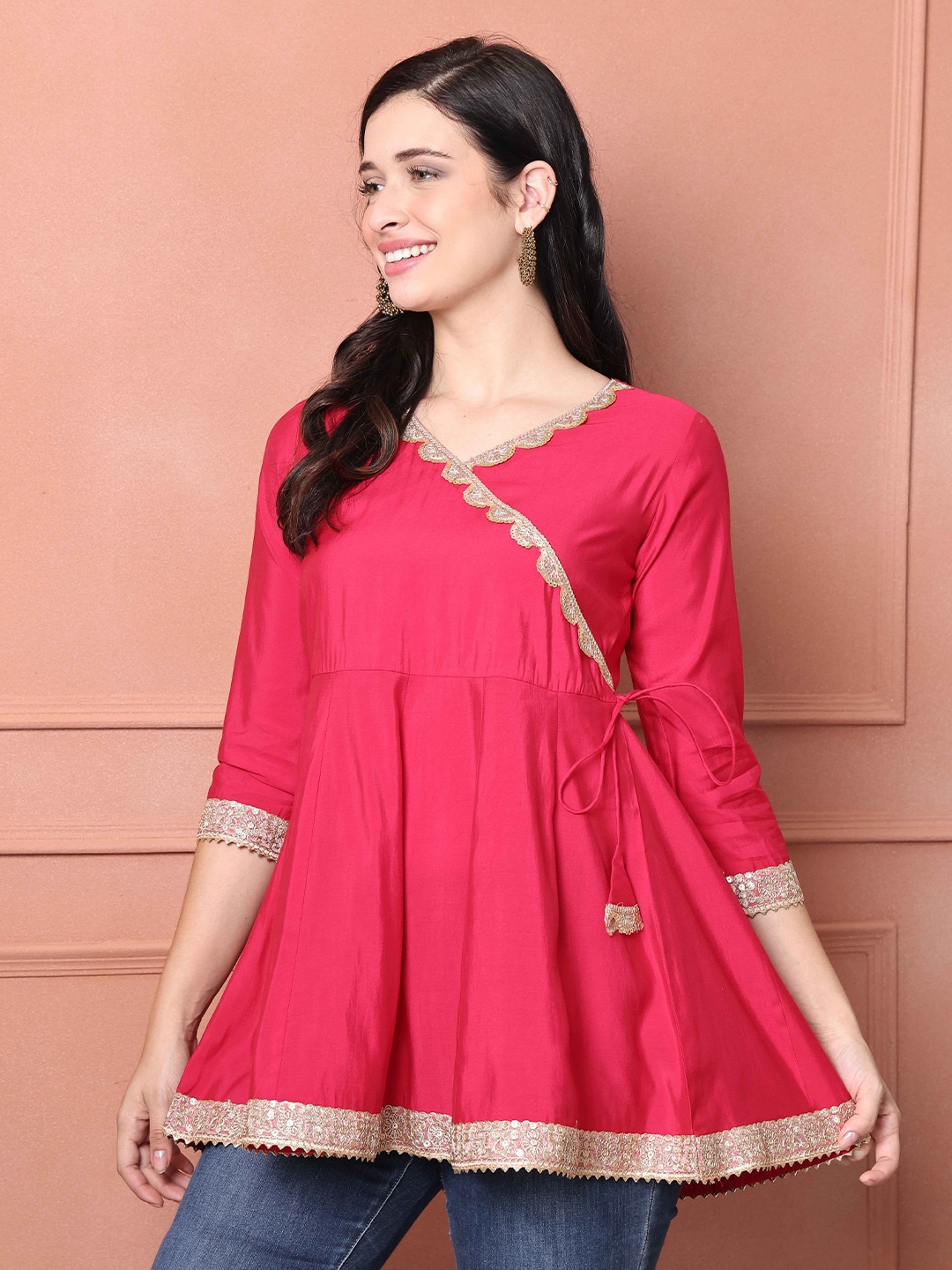 

Roly Poly Women Embroidered V-neck Ethnic Tunic, Pink