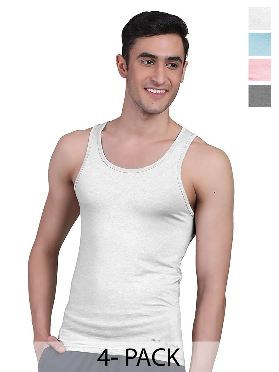

FREECULTR Men Pack Of 4 Anti Microbial, Anti Odor, Breath tech Innerwear Vests, White