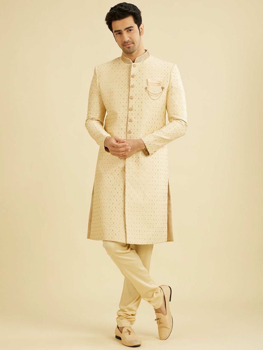 

Manyavar Men Embroidered Mandarin Collar Sherwani Set, Cream