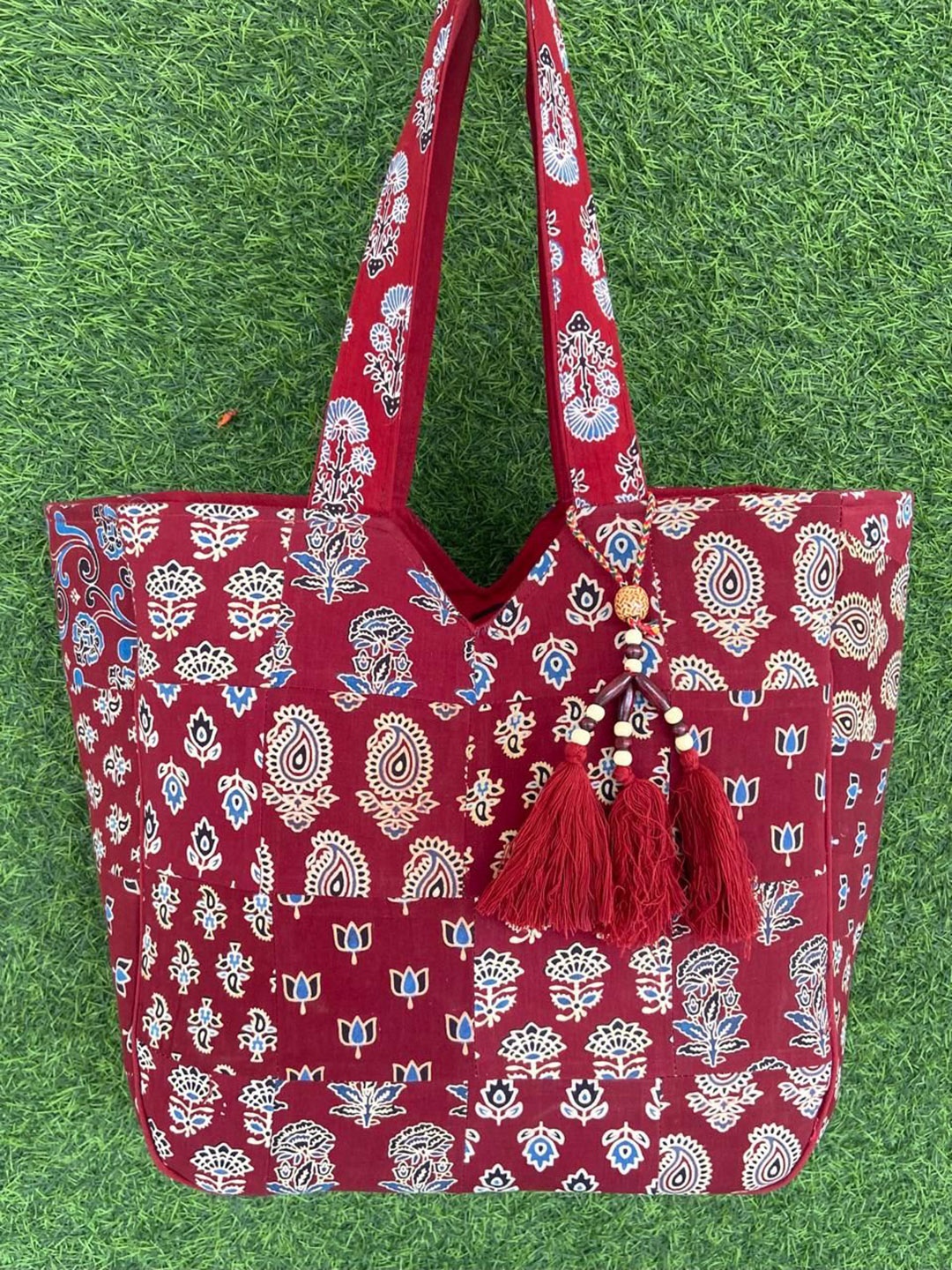 

SWITCHON Women Ethnic Motifs Printed Shopper Cotton Tote Bag, Maroon