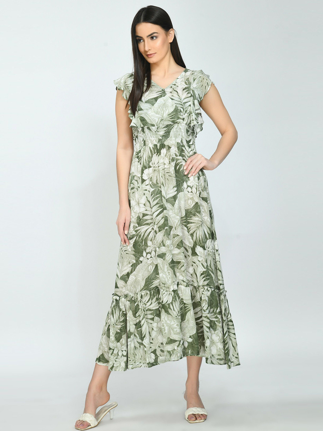 

Sini Lifestyle Tropical Print Flutter Sleeve Fit & Flare Midi Dress, Green