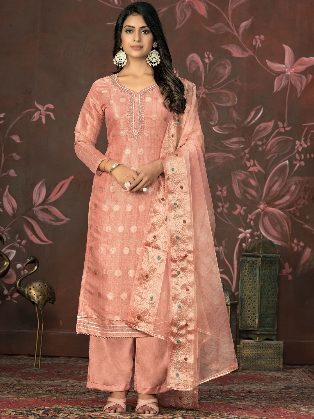 

Maroosh Geometric Woven Design Beads and Stones Cotton Jacquard Unstitched Dress Material, Peach