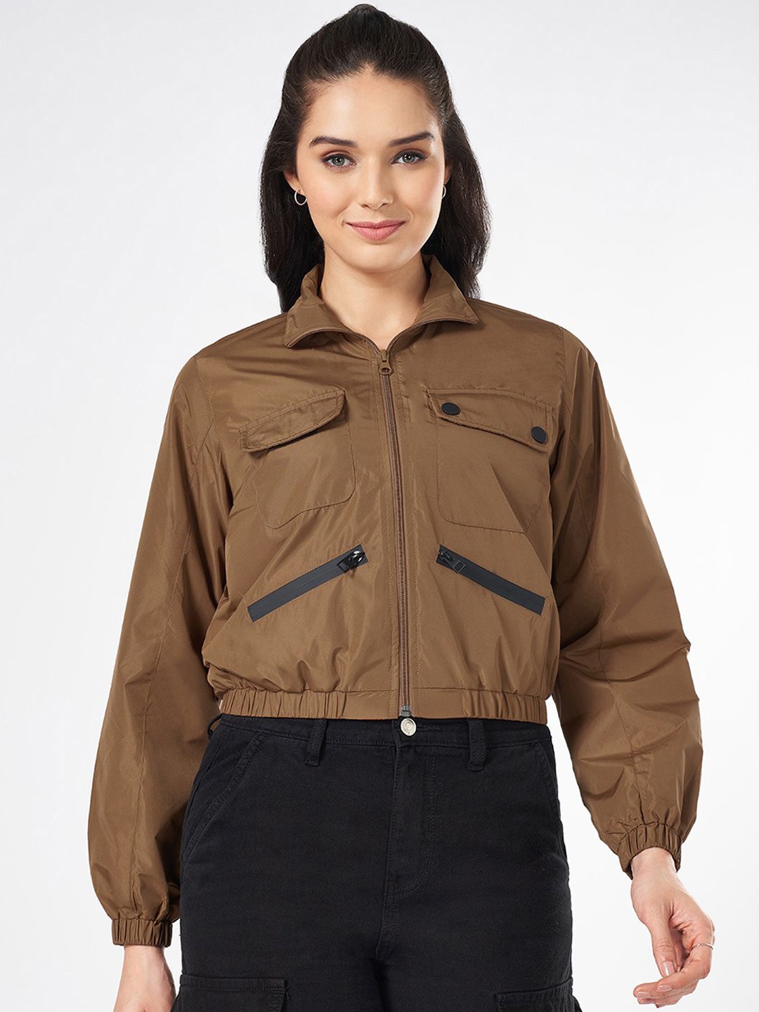 

People Women Mock Collar Solid Casual Tailored Jacket, Brown