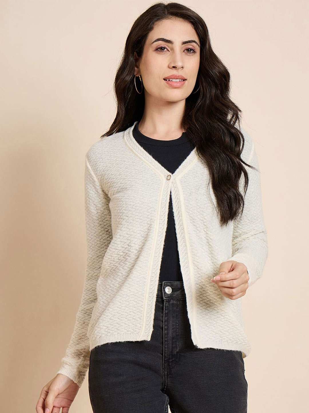 

CREATIVE LINE Women Self Design Cardigan, Cream
