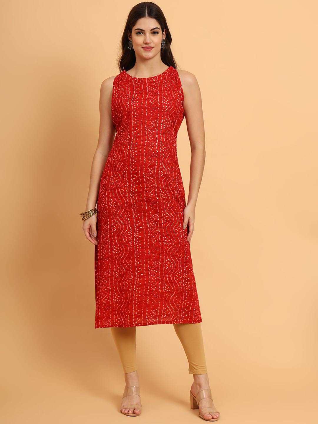 

KALINI Bandhani Printed Boat Neck Sleeveless Straight Kurta, Red