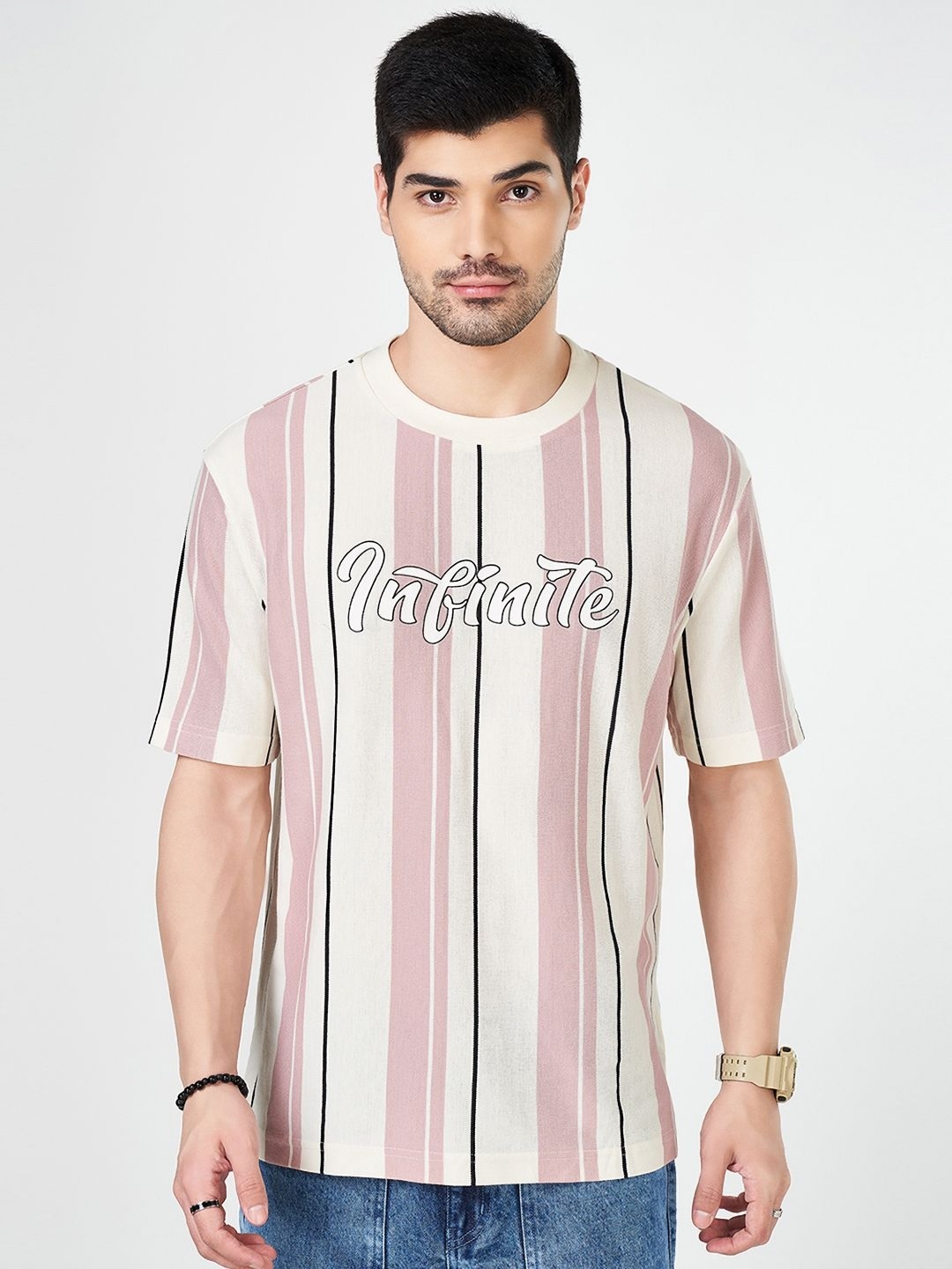 

People Men Striped Round Neck Cotton Boxy T-shirt, Mauve