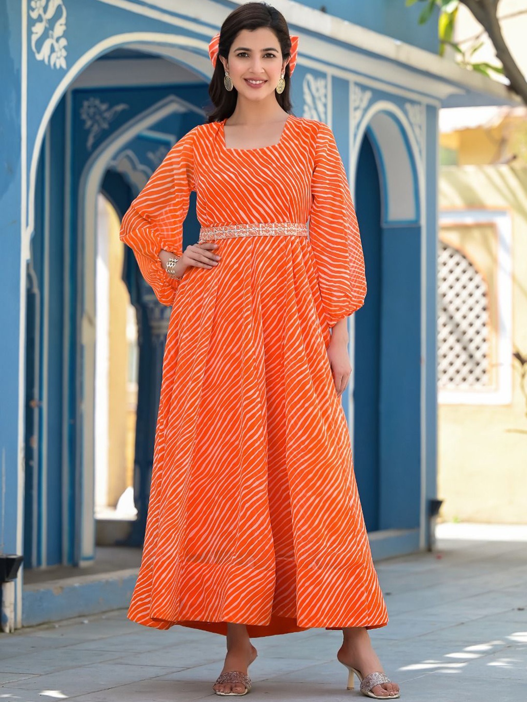 

FLAVIA CREATION Square Neck Leheriya Printed Pure Cotton Ethnic Dresses, Orange