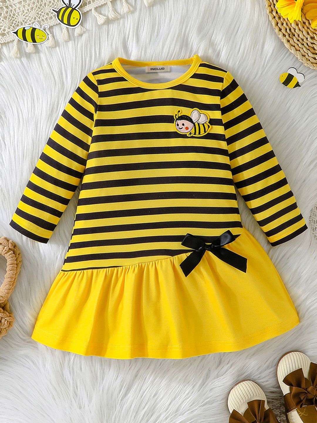 

INCLUD Girls Striped Applique Drop-Waist Dress, Yellow