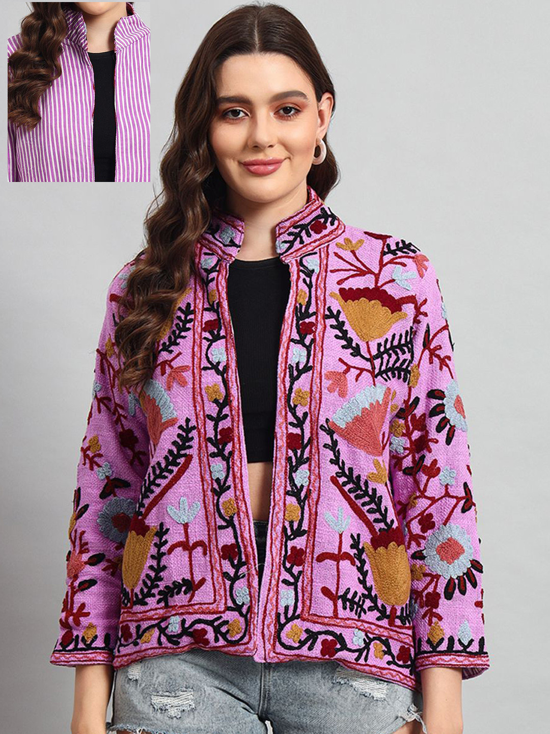 

HANDICRAFT PALACE Women Floral Embroidered Cotton Ethnic Open Front Reversible Jacket, Purple