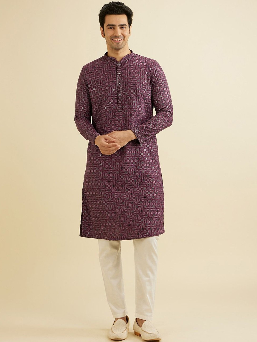 

Manyavar Ethnic Motifs Embroidered Chikankari Mandarin Collar Straight Kurta & Trousers, Purple