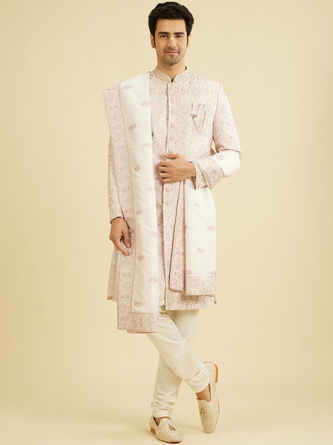 

Manyavar Men Embroidered Sherwani Set with Dupatta, White