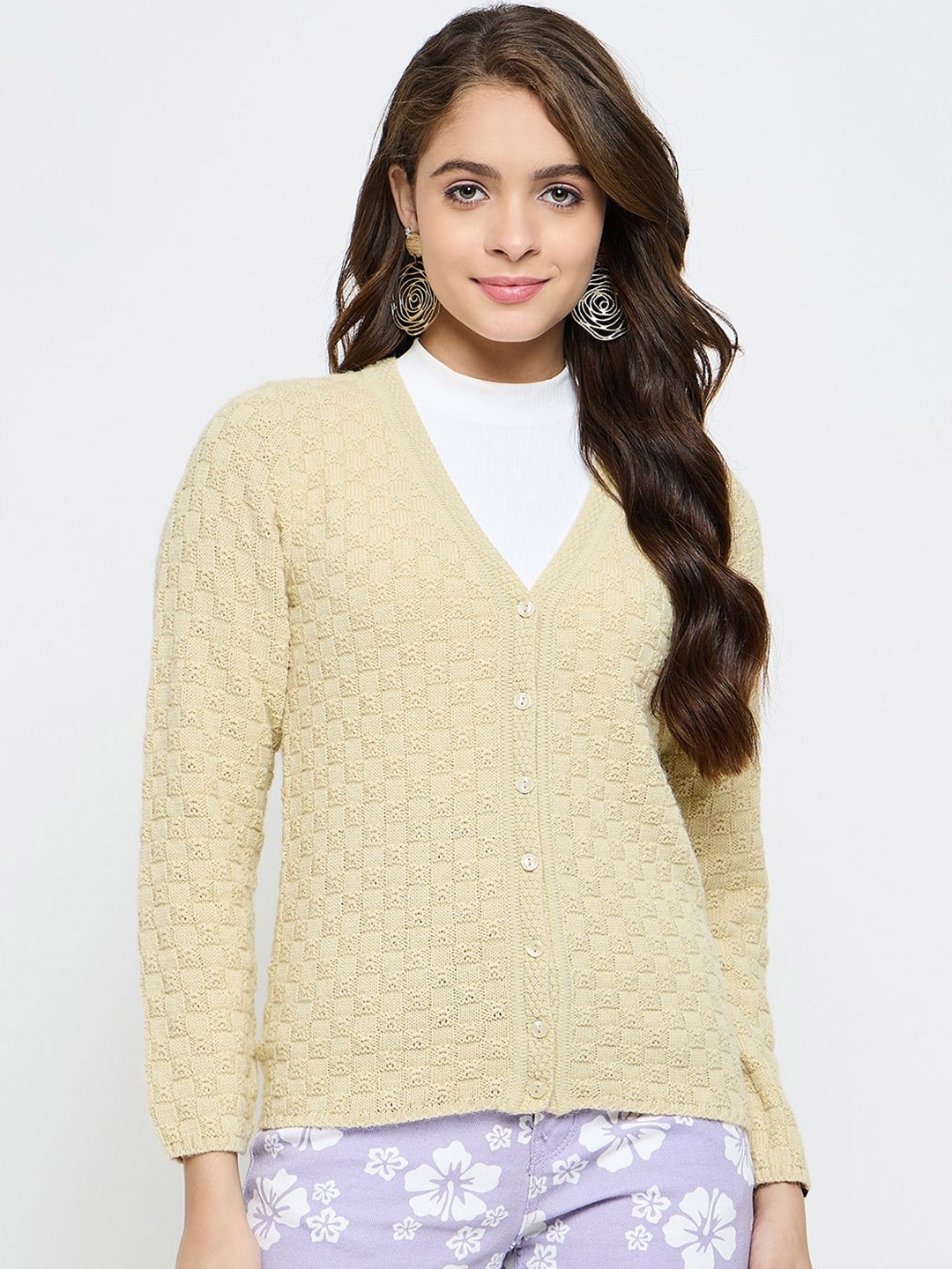 

CREATIVE LINE Women Self Design Woollen Cardigan, Beige