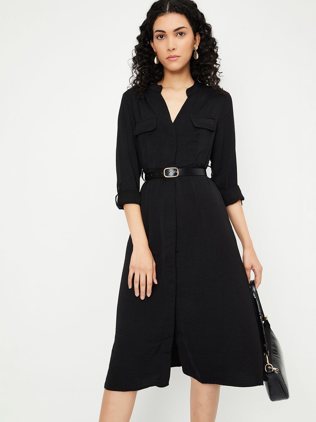 

max Mandarin Collar Shirt Dress, Black