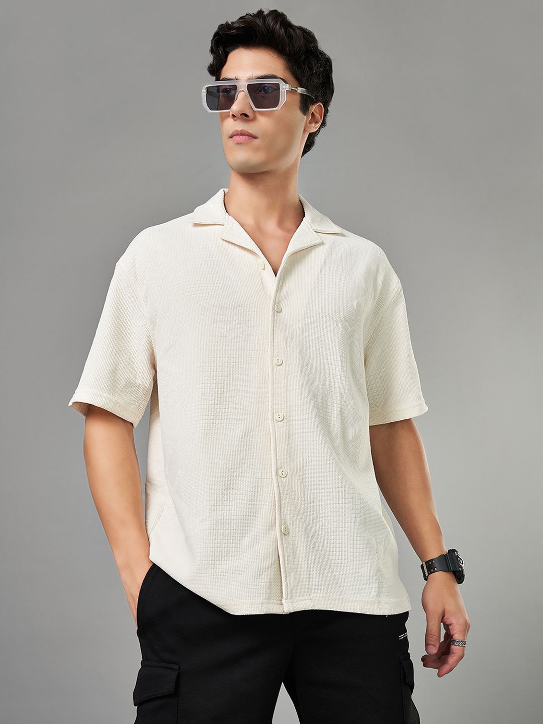 

Street 808 by Pantaloons Men Cuban Collar Textured Relaxed Fit Casual Shirt, Off white