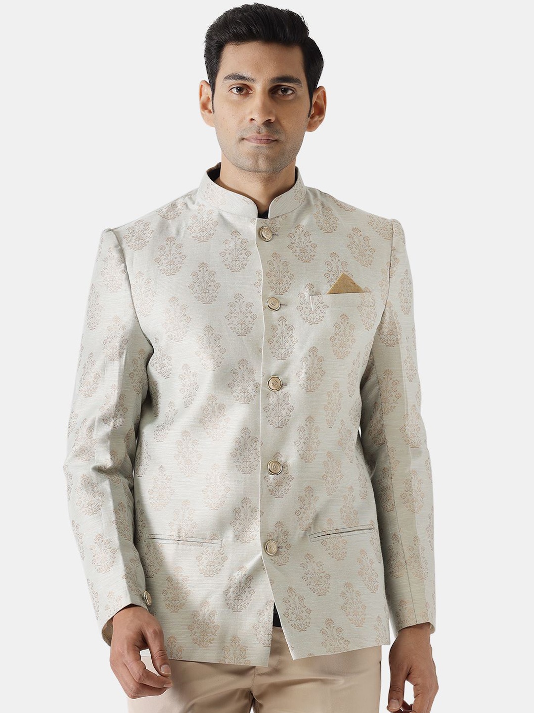 

KISAH Ethnic Motifs Printed Bandhgala Blazers, Silver