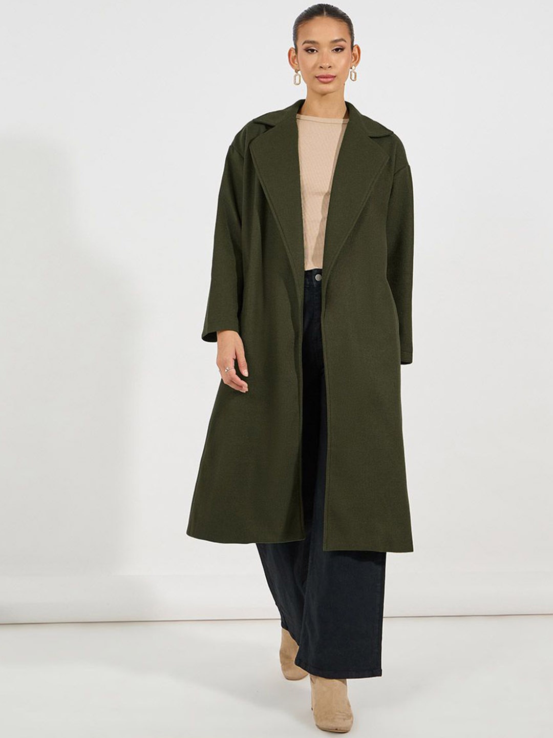 

Styli Women Oversized Fit Knee Length Belted Over Coat Shacket, Olive