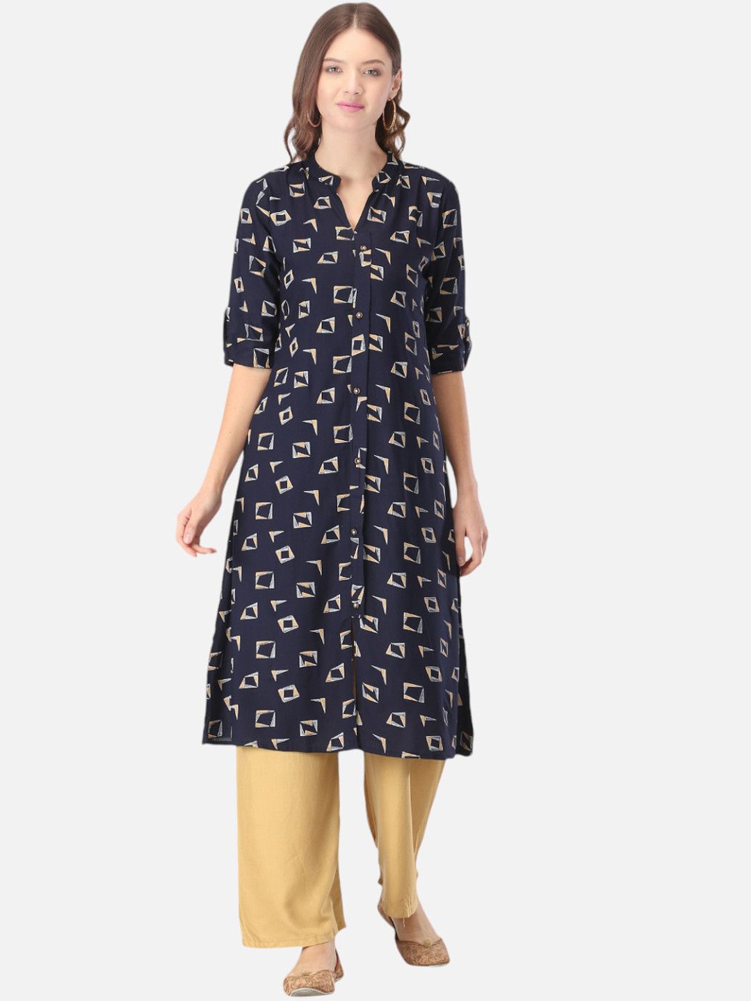 

Biyu Geometric Printed Regular Straight Cotton Kurta, Navy blue